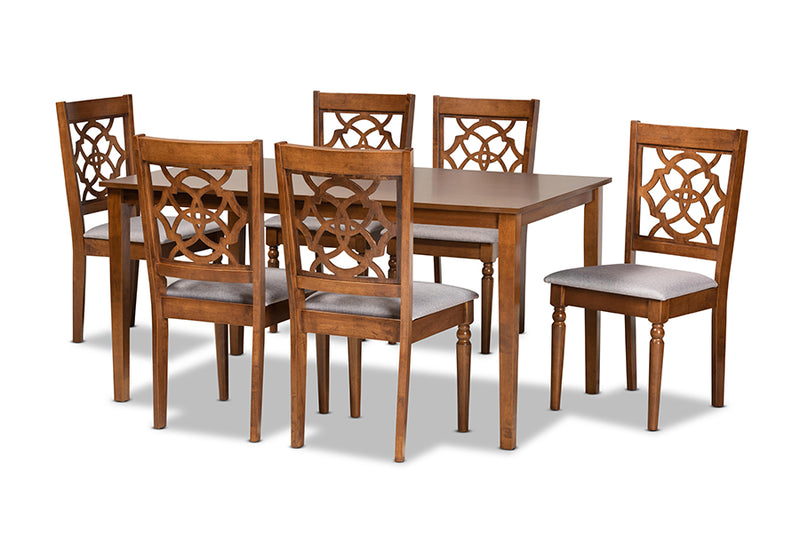 Papua Modern and Contemporary Gray Fabric Upholstered and Walnut Brown Finished Wood 7-Piece Dining Set