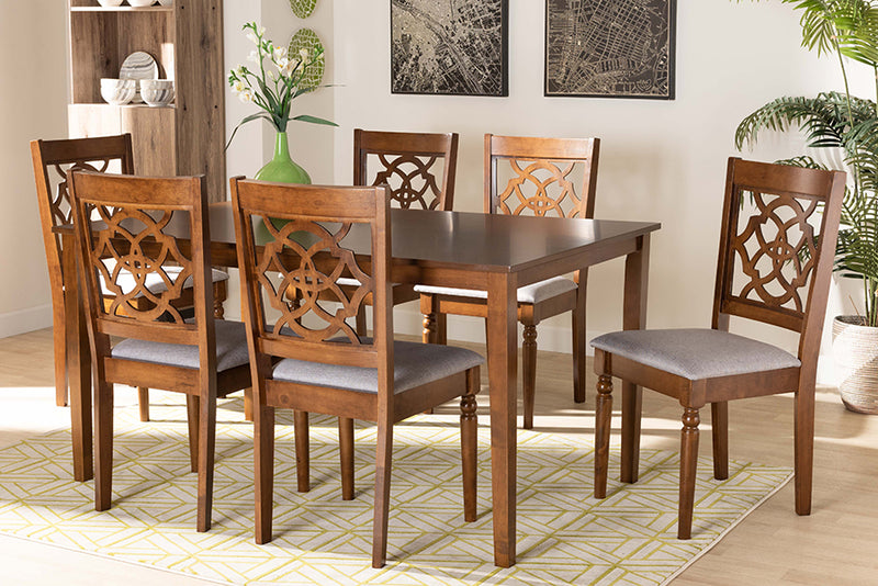 Papua Modern and Contemporary Gray Fabric Upholstered and Walnut Brown Finished Wood 7-Piece Dining Set