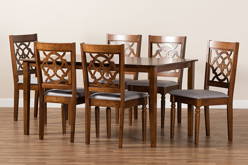 Papua Modern and Contemporary Gray Fabric Upholstered and Walnut Brown Finished Wood 7-Piece Dining Set