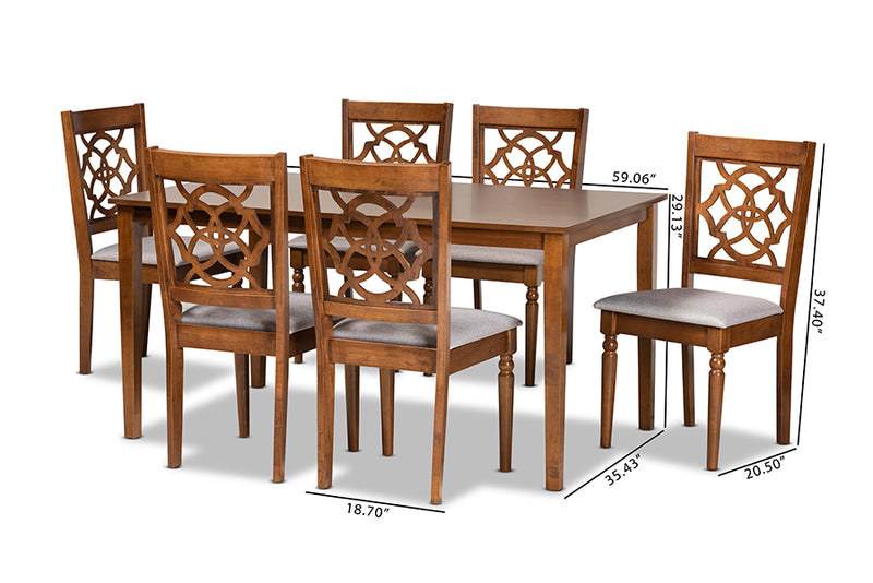 Papua Modern and Contemporary Gray Fabric Upholstered and Walnut Brown Finished Wood 7-Piece Dining Set