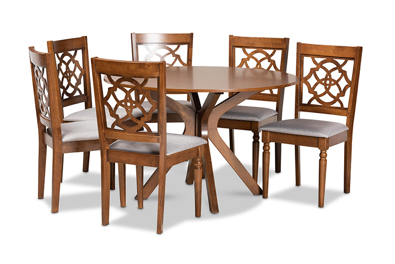 Milena Modern and Contemporary Gray Fabric Upholstered and Walnut Brown Finished Wood 7-Piece Dining Set