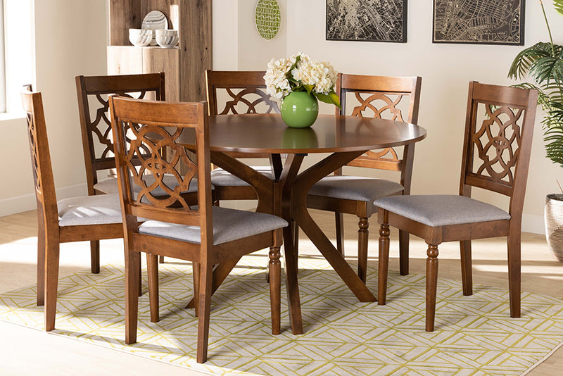 Milena Modern and Contemporary Gray Fabric Upholstered and Walnut Brown Finished Wood 7-Piece Dining Set