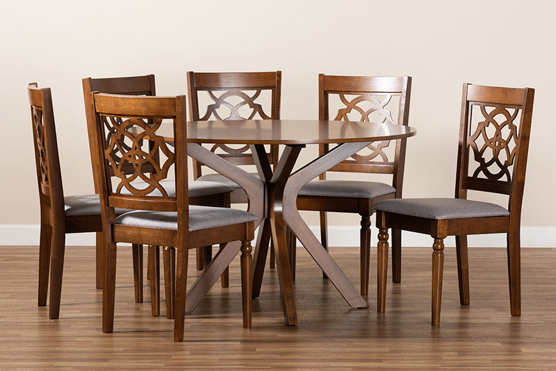 Milena Modern and Contemporary Gray Fabric Upholstered and Walnut Brown Finished Wood 7-Piece Dining Set