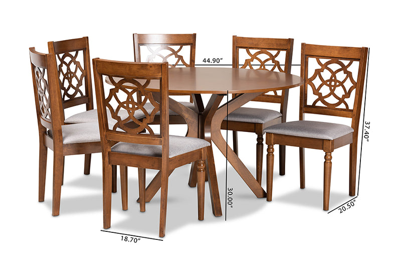 Milena Modern and Contemporary Gray Fabric Upholstered and Walnut Brown Finished Wood 7-Piece Dining Set