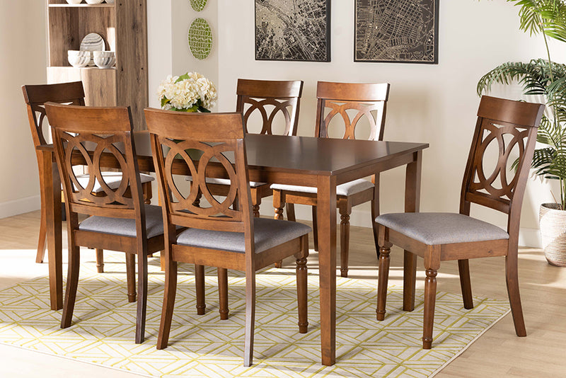 Felisa Modern and Contemporary Gray Fabric Upholstered and Walnut Brown Finished Wood 7-Piece Dining Set