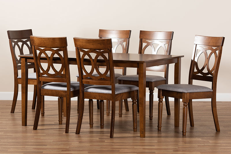 Felisa Modern and Contemporary Gray Fabric Upholstered and Walnut Brown Finished Wood 7-Piece Dining Set