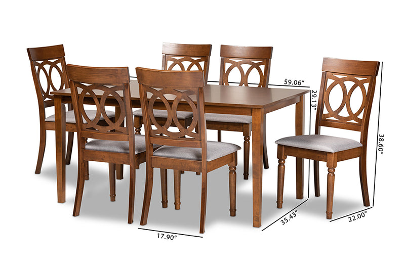 Felisa Modern and Contemporary Gray Fabric Upholstered and Walnut Brown Finished Wood 7-Piece Dining Set