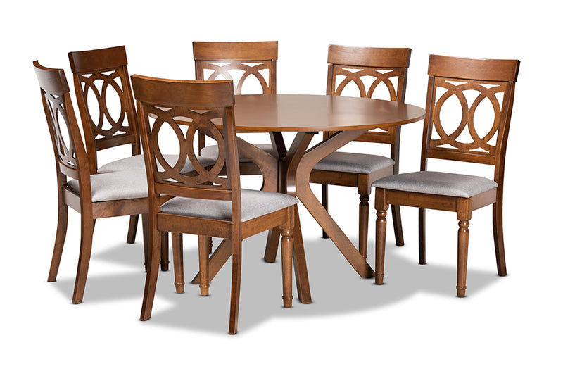 Sasa Modern and Contemporary Gray Fabric Upholstered and Walnut Brown Finished Wood 7-Piece Dining Set