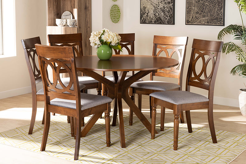 Sasa Modern and Contemporary Gray Fabric Upholstered and Walnut Brown Finished Wood 7-Piece Dining Set