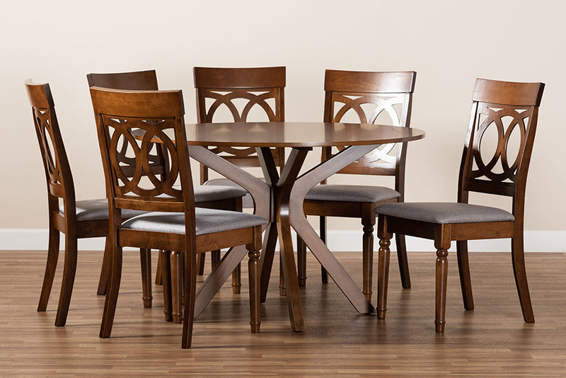 Sasa Modern and Contemporary Gray Fabric Upholstered and Walnut Brown Finished Wood 7-Piece Dining Set