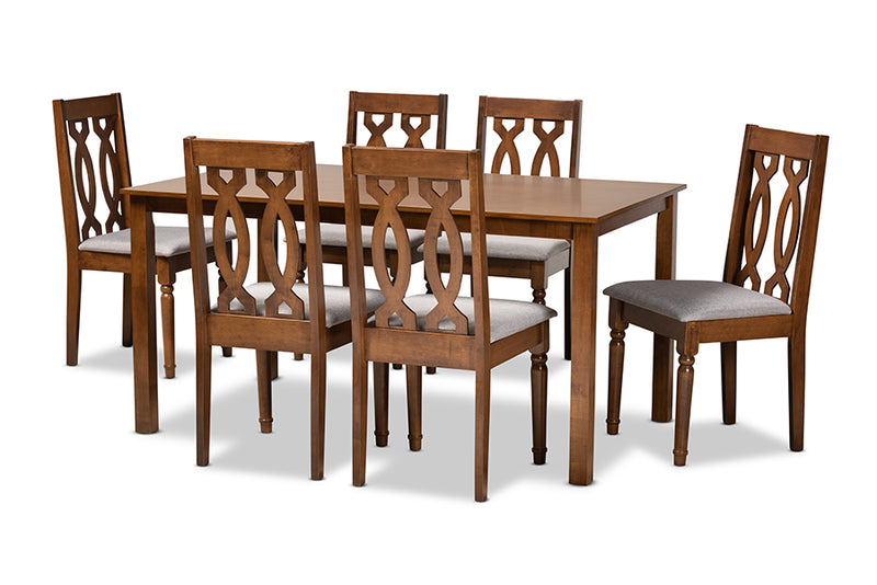 Kaira Modern and Contemporary Gray Fabric Upholstered and Walnut Brown Finished Wood 7-Piece Dining Set