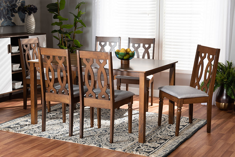 Kaira Modern and Contemporary Gray Fabric Upholstered and Walnut Brown Finished Wood 7-Piece Dining Set