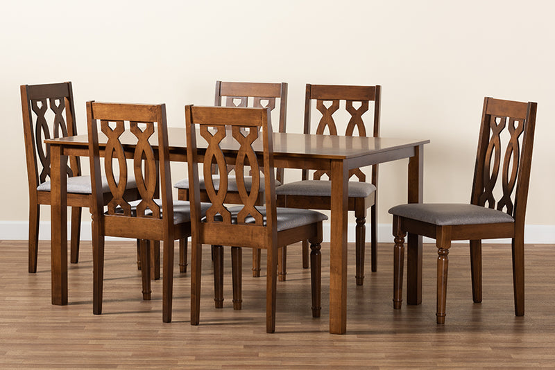 Kaira Modern and Contemporary Gray Fabric Upholstered and Walnut Brown Finished Wood 7-Piece Dining Set