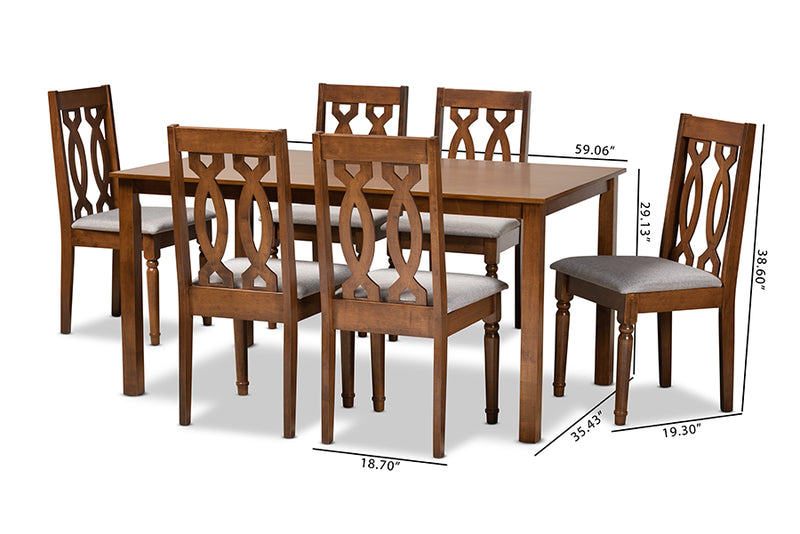 Kaira Modern and Contemporary Gray Fabric Upholstered and Walnut Brown Finished Wood 7-Piece Dining Set