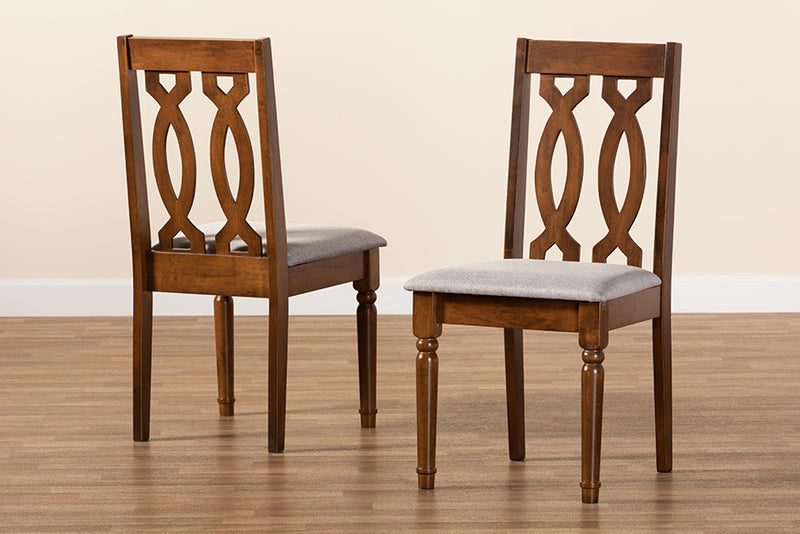 Kaira Modern and Contemporary Gray Fabric Upholstered and Walnut Brown Finished Wood 2-Piece Dining Chair Set