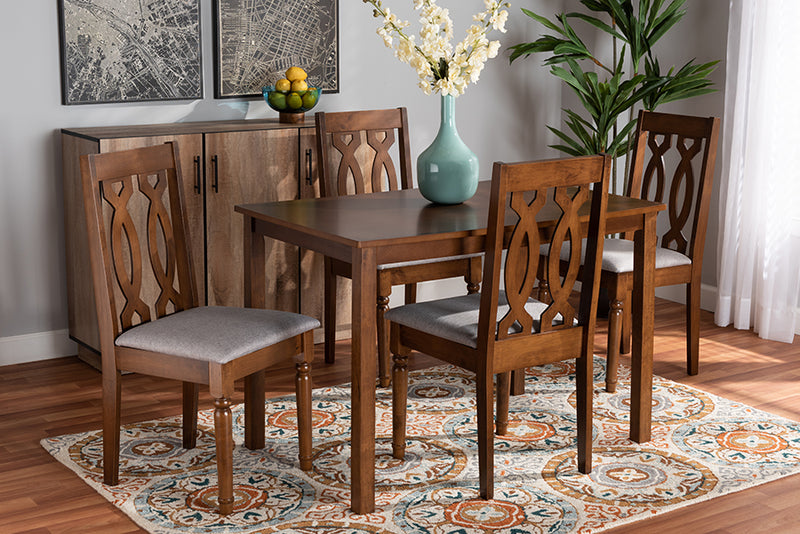 Kaira Modern and Contemporary Gray Fabric Upholstered and Walnut Brown Finished 5-Piece Wood Dining Set