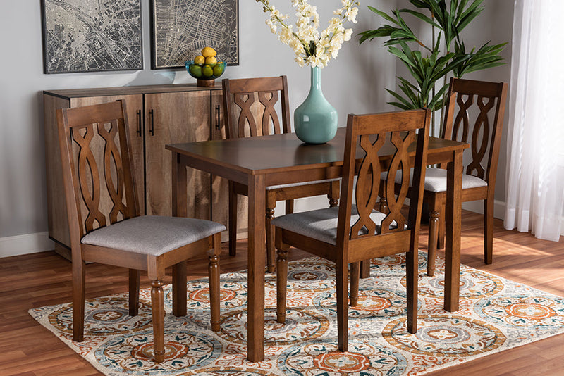 Kaira Gray Fabric Upholstered and Walnut Brown Finished 5-Piece Wood Dining Set Baxton