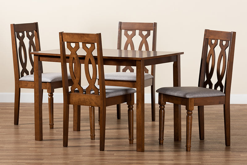 Kaira Modern and Contemporary Gray Fabric Upholstered and Walnut Brown Finished 5-Piece Wood Dining Set