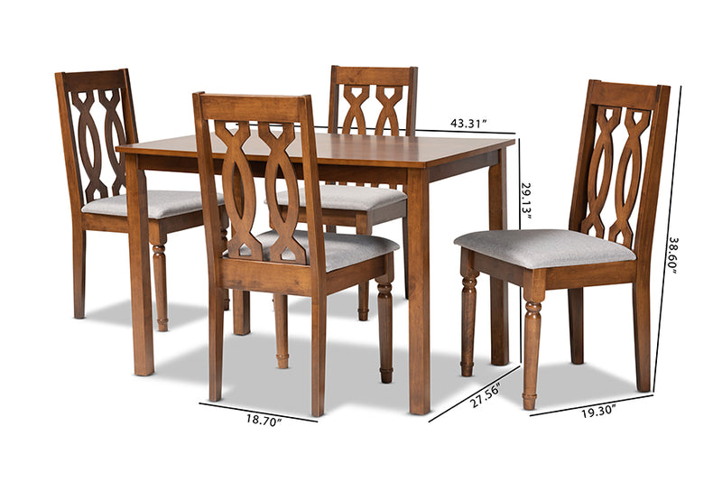 Kaira Modern and Contemporary Gray Fabric Upholstered and Walnut Brown Finished 5-Piece Wood Dining Set