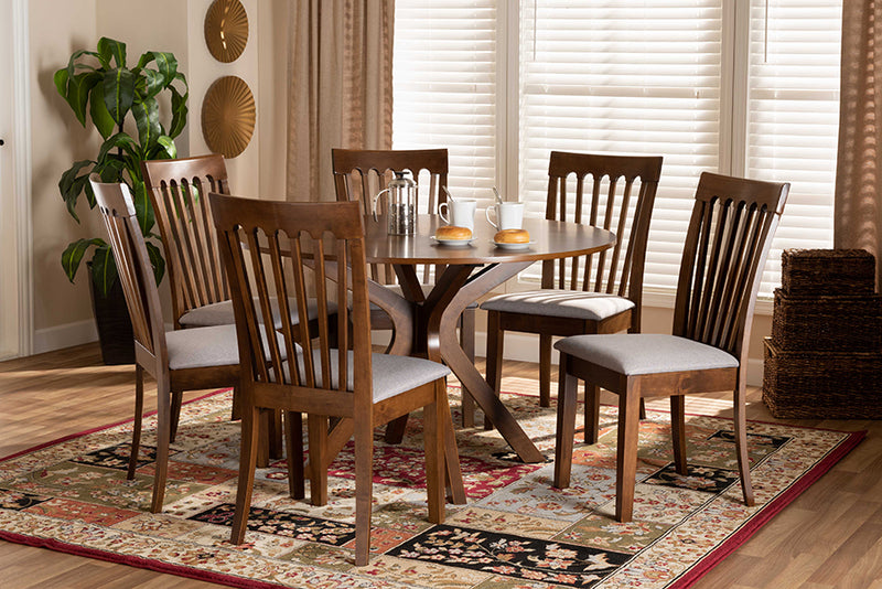 Crossroads Modern and Contemporary Gray Fabric Upholstered and Walnut Brown Finished Wood 7-Piece Dining Set