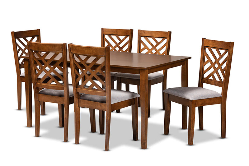 Iden Gray Fabric Upholstered and Walnut Brown 7-Piece Dining Set Baxton