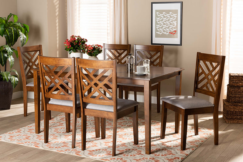 Iden Modern and Contemporary Gray Fabric Upholstered and Walnut Brown Finished Wood 7-Piece Dining Set