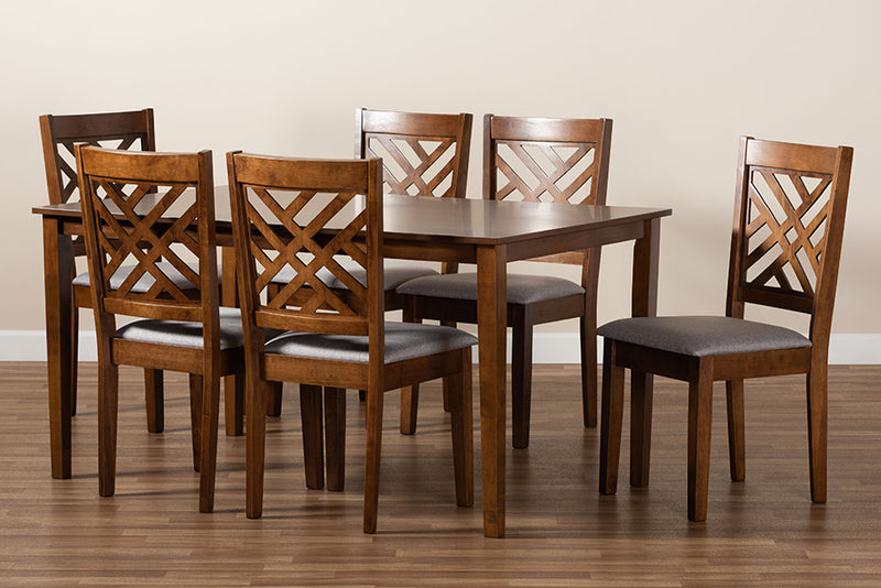 Iden Modern and Contemporary Gray Fabric Upholstered and Walnut Brown Finished Wood 7-Piece Dining Set