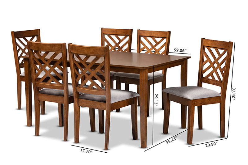 Iden Modern and Contemporary Gray Fabric Upholstered and Walnut Brown Finished Wood 7-Piece Dining Set