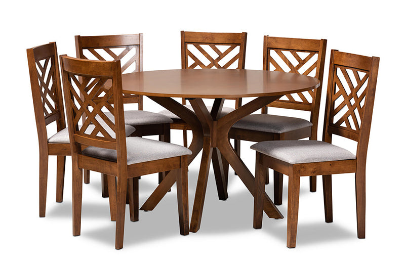 Michio Gray Fabric Upholstered and Walnut Brown 7-Piece Dining Set Baxton