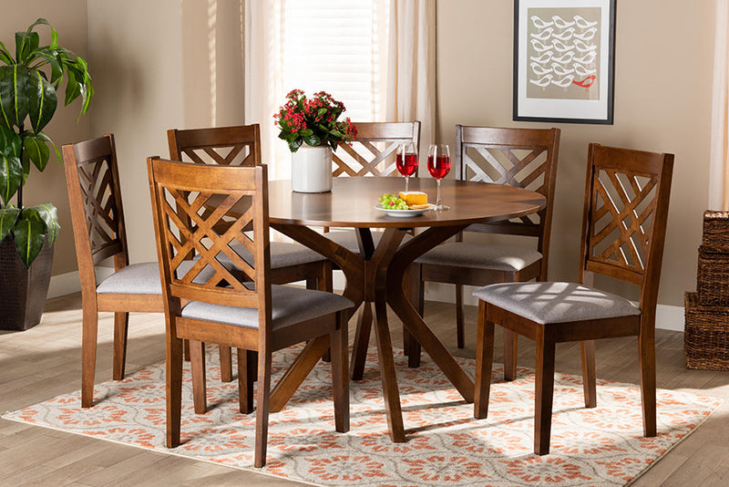 Michio Gray Fabric Upholstered and Walnut Brown 7-Piece Dining Set Baxton