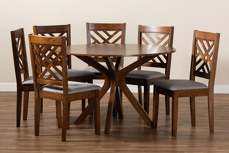 Michio Gray Fabric Upholstered and Walnut Brown 7-Piece Dining Set Baxton