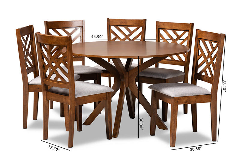 Michio Gray Fabric Upholstered and Walnut Brown 7-Piece Dining Set Baxton