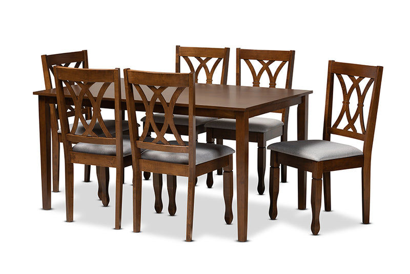 Liza Modern and Contemporary Gray Fabric Upholstered and Walnut Brown Finished Wood 7-Piece Dining Set