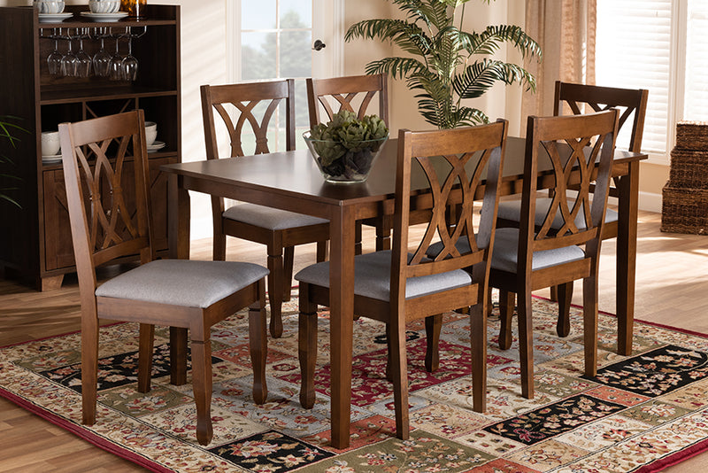 Liza Modern and Contemporary Gray Fabric Upholstered and Walnut Brown Finished Wood 7-Piece Dining Set 