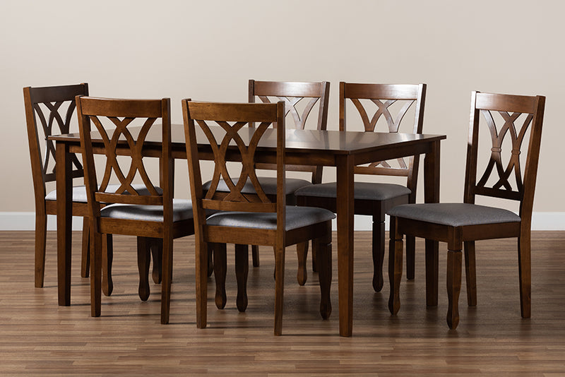 Liza Modern and Contemporary Gray Fabric Upholstered and Walnut Brown Finished Wood 7-Piece Dining Set