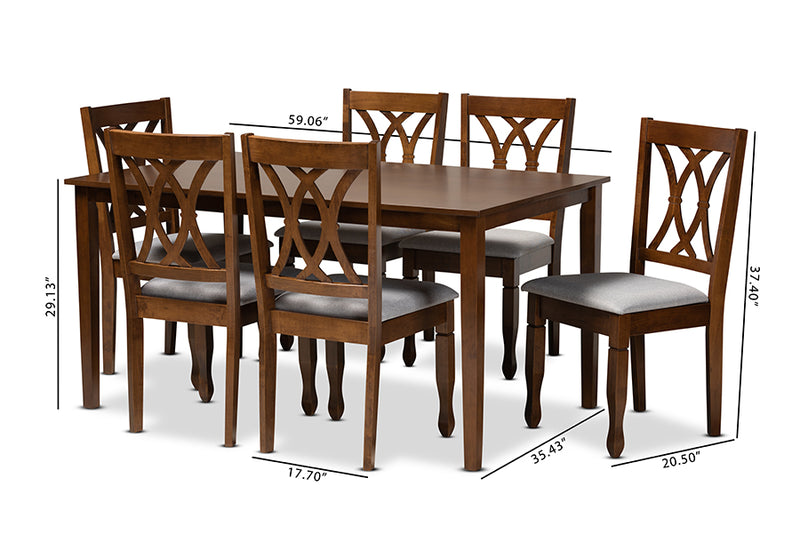 Liza Modern and Contemporary Gray Fabric Upholstered and Walnut Brown Finished Wood 7-Piece Dining Set