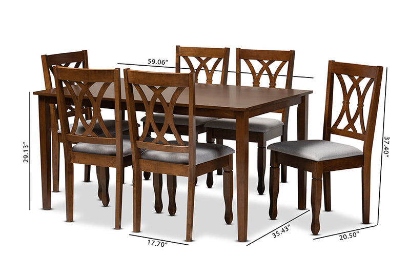 Liza Gray Fabric Upholstered and Walnut Brown 7-Piece Dining Set Baxton