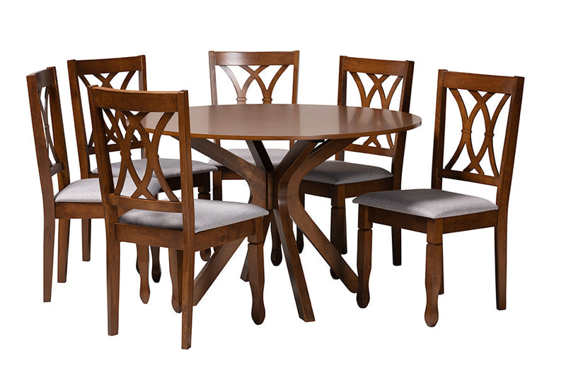 Linn Modern Gray Fabric and Walnut Brown 7-Piece Dining Set Baxton
