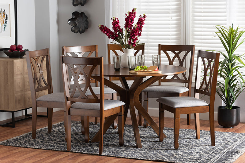 Linn Modern Gray Fabric and Walnut Brown Finished Wood 7-Piece Dining Set