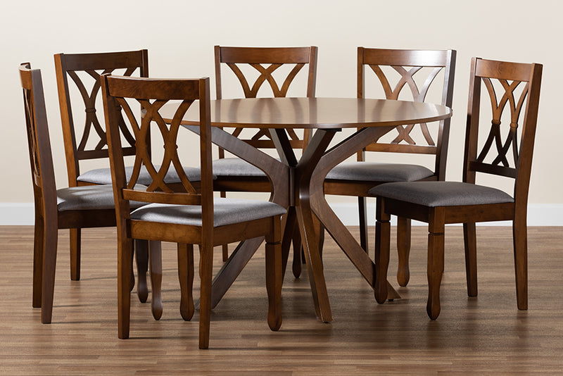 Linn Modern Gray Fabric and Walnut Brown Finished Wood 7-Piece Dining Set