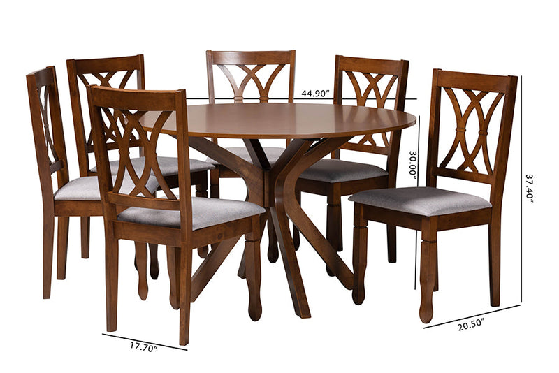 Linn Modern Gray Fabric and Walnut Brown 7-Piece Dining Set Baxton