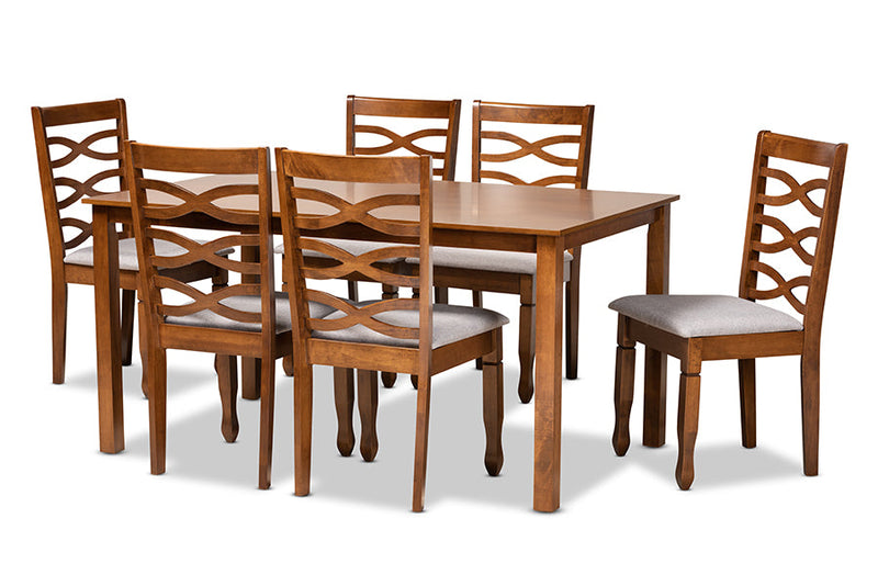 Maliyah Gray Fabric Upholstered and Walnut Brown 7-Piece Dining Set Baxton