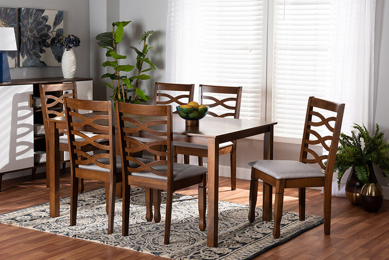 Maliyah Gray Fabric Upholstered and Walnut Brown 7-Piece Dining Set Baxton