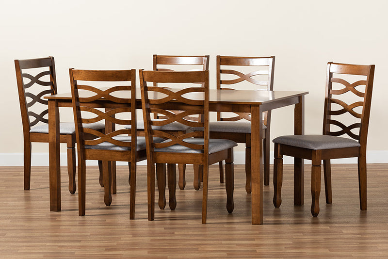 Maliyah Gray Fabric Upholstered and Walnut Brown 7-Piece Dining Set Baxton
