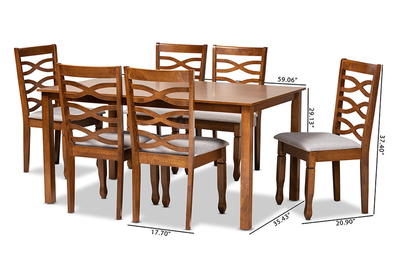 Maliyah Modern and Contemporary Gray Fabric Upholstered and Walnut Brown Finished Wood 7-Piece Dining Set