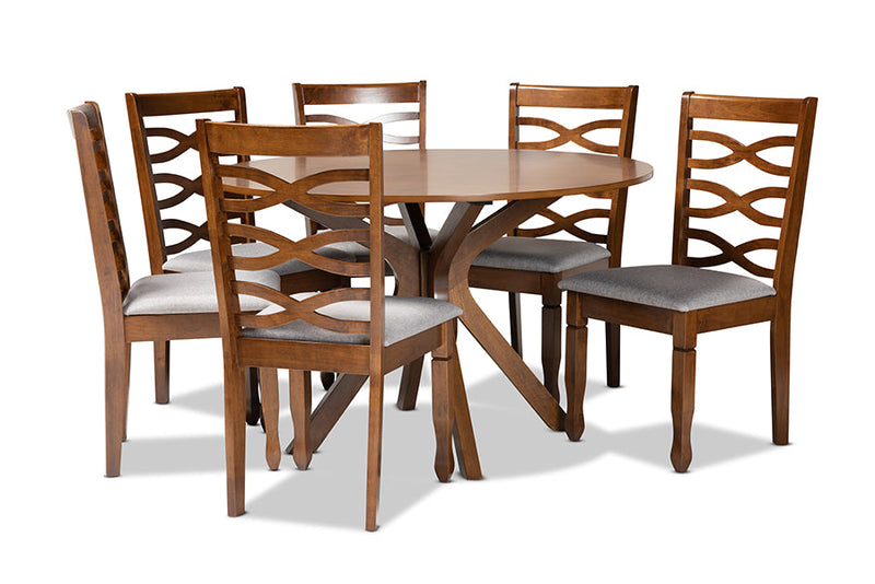Meltem Gray Fabric Upholstered and Walnut Brown 7-Piece Dining Set Baxton