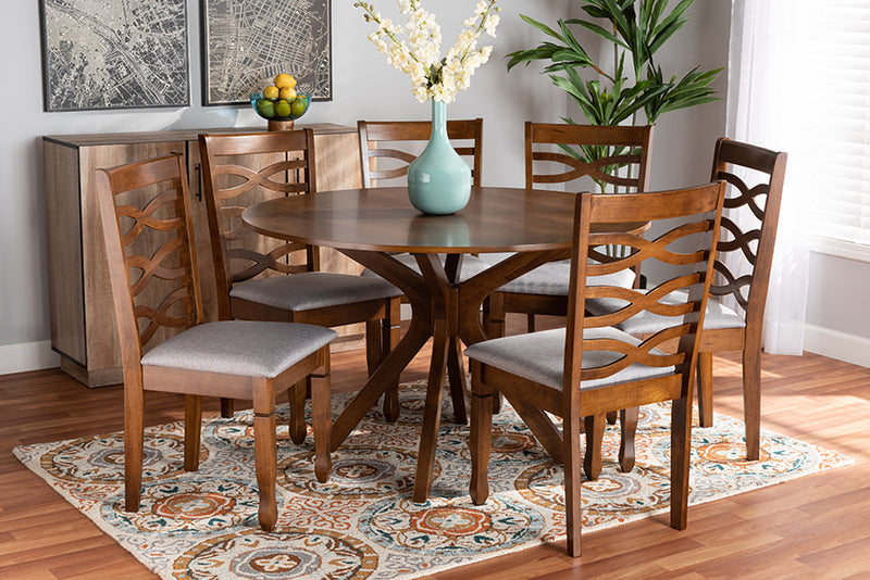 Meltem Modern and Contemporary Gray Fabric Upholstered and Walnut Brown Finished Wood 7-Piece Dining Set