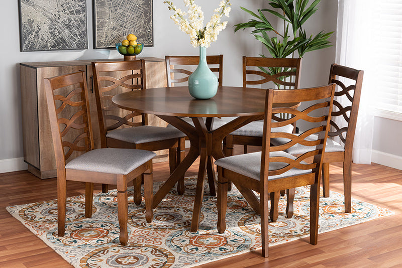 Meltem Gray Fabric Upholstered and Walnut Brown 7-Piece Dining Set Baxton