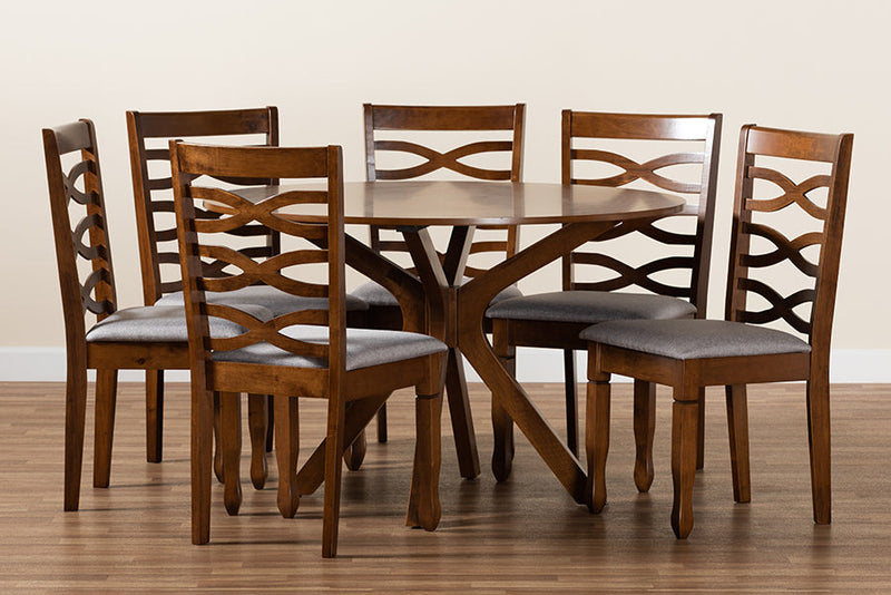 Meltem Gray Fabric Upholstered and Walnut Brown 7-Piece Dining Set Baxton