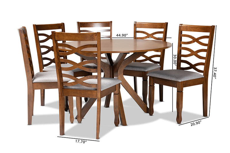 Meltem Gray Fabric Upholstered and Walnut Brown 7-Piece Dining Set Baxton